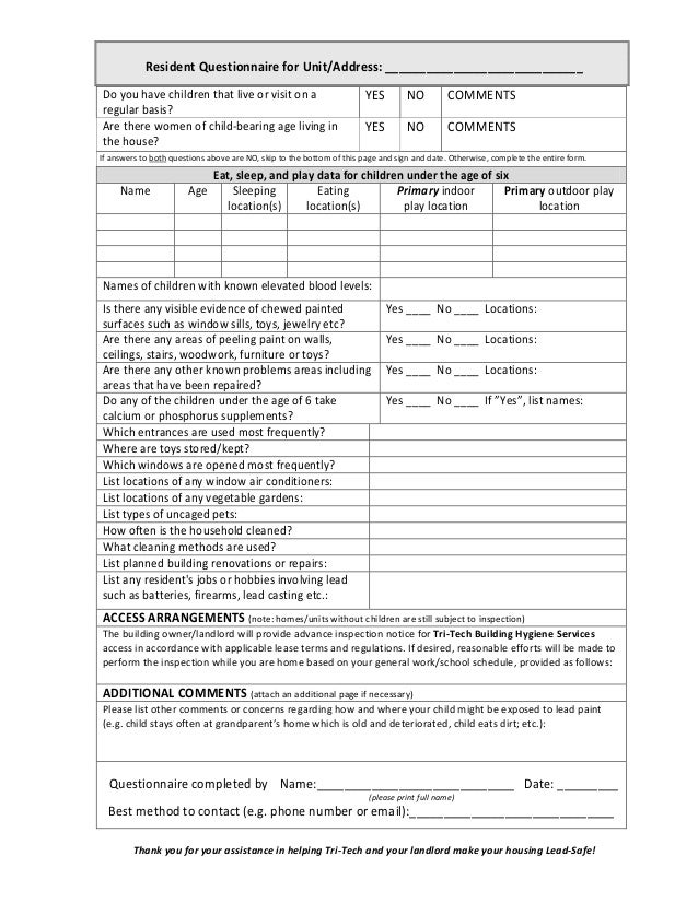 Lead Risk Assessment Resident Questionnaire