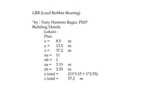 LRB (Lead Rubber Bearing)
"by : Tony Hartono Bagio, PhD"
Building Details
Lokasi :
Plan
x = 8.5 m
y = 13.5 m
z = 37.2 m
na = 11
nb = 1
za = 3.15 m
zb = 2.55 m
z total = (11*3.15 + 1*2.55)
z total = 37.2 m
 