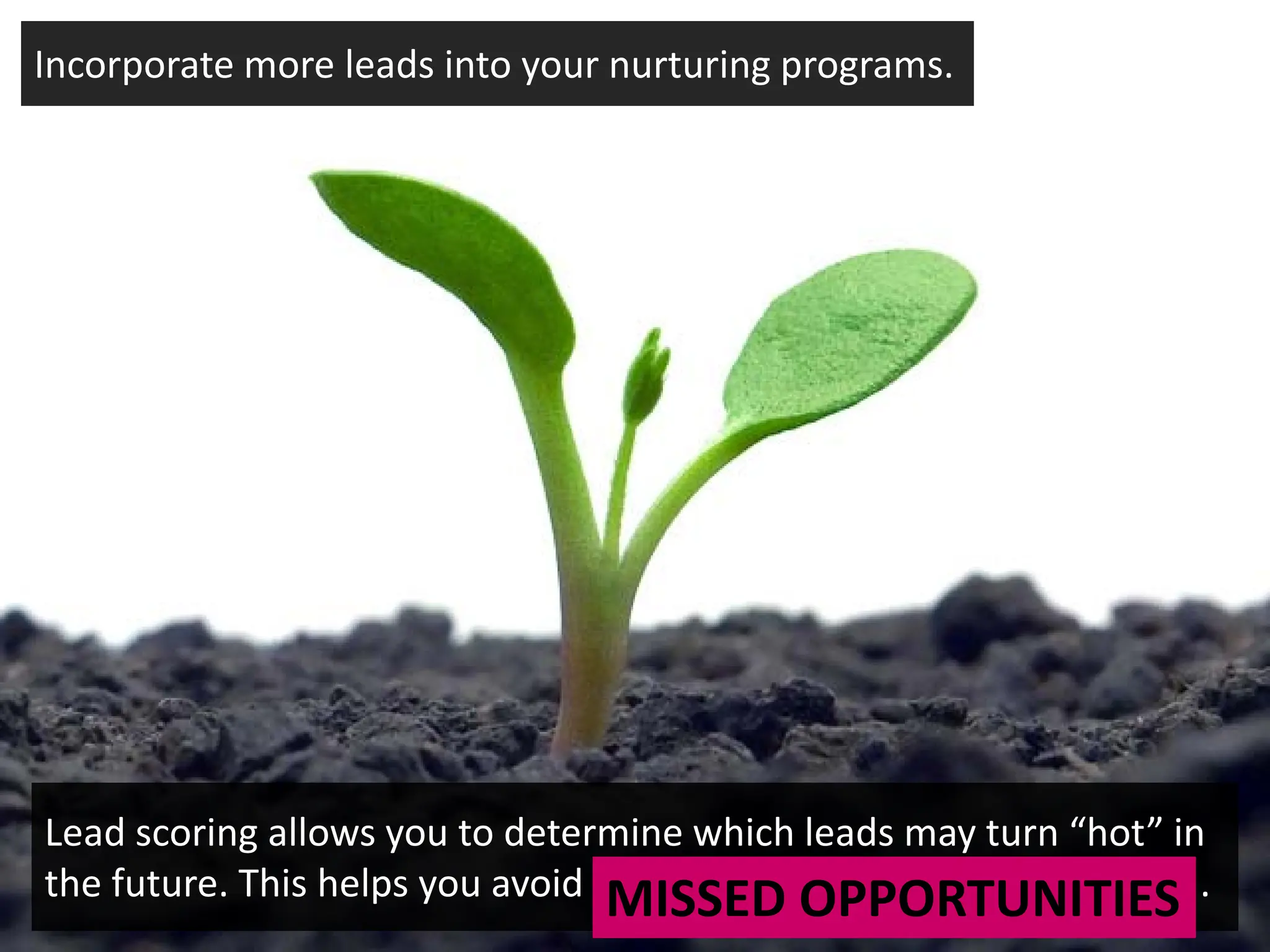 Incorporate more leads into your nurturing programs.




Lead scoring allows you to determine which leads may turn “hot” in
the future. This helps you avoid MISSED OPPORTUNITIES .
 
