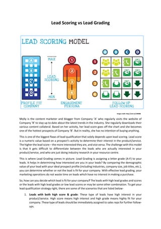 Lead Scoring vs Lead Grading
Image credit: http://utm.io/189086
Molly is the content marketer and blogger from Company ‘A’ who regularly visits the website of
Company ‘B’ to stay up to date about the latest trends in the industry. She regularly downloads their
various content collateral. Based on her activity, her lead score goes off the chart and she becomes
one of the hottest prospects of Company ‘B’. But in reality, she has no intention of buying anything.
This is one of the biggest flaws of lead qualification that solely depends upon lead scoring. Lead score
is a numeric value based on a prospect’s activity to determine their interest in the product/service.
The higher the lead score – the more interested they are, and vice versa. The challenge with this model
is that it gets difficult to differentiate between the leads who are actually interested in your
product/service, and who are just doing industry research in your resource centre.
This is where Lead Grading comes in picture. Lead Grading is assigning a letter grade (A-F) to your
leads. It helps in determining how interested are you in your leads? By comparing the demographic
value of your lead with your ideal prospect profile (including industries, company size, job titles, etc.),
you can determine whether or not the lead is fit for your company. With effective lead grading, your
marketing operations do not waste time on leads which have no interest in making a purchase.
So, how can you decide which lead is fit for your company? The leads with high lead grades and scores
or the leads with high lead grades or low lead scores or may be some other combination. To get your
lead qualification strategy right, there are some of the scenarios that are listed below-
1. Leads with both high score & grade: These type of leads have high interest in your
product/service. High score means high interest and high grade means highly fit for your
company. These type of leads should be immediately assigned to sales reps for further follow-
ups.
 