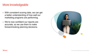 ©2020 Adobe. All Rights Reserved. Adobe Confidential.
More knowledgeable
 With consistent scoring data, we can get
a better understanding of how well our
marketing programs are performing.
 We’re now confident our reports are
accurate, so we use them to make
forward-looking planning decisions.
 