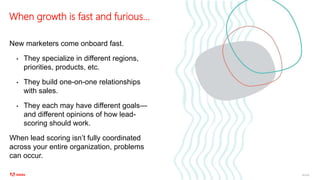 ©2020 Adobe. All Rights Reserved. Adobe Confidential.
When growth is fast and furious...
New marketers come onboard fast.
• They specialize in different regions,
priorities, products, etc.
• They build one-on-one relationships
with sales.
• They each may have different goals—
and different opinions of how lead-
scoring should work.
When lead scoring isn’t fully coordinated
across your entire organization, problems
can occur.
 