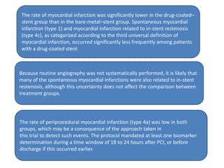 The rate of myocardial infarction was significantly lower in the drug-coated–
stent group than in the bare-metal–stent group. Spontaneous myocardial
infarction (type 1) and myocardial infarction related to in-stent restenosis
(type 4c), as categorized according to the third universal definition of
myocardial infarction, occurred significantly less frequently among patients
with a drug-coated stent
Because routine angiography was not systematically performed, it is likely that
many of the spontaneous myocardial infarctions were also related to in-stent
restenosis, although this uncertainty does not affect the comparison between
treatment groups.
The rate of periprocedural myocardial infarction (type 4a) was low in both
groups, which may be a consequence of the approach taken in
this trial to detect such events. The protocol mandated at least one biomarker
determination during a time window of 18 to 24 hours after PCI, or before
discharge if this occurred earlier.
 