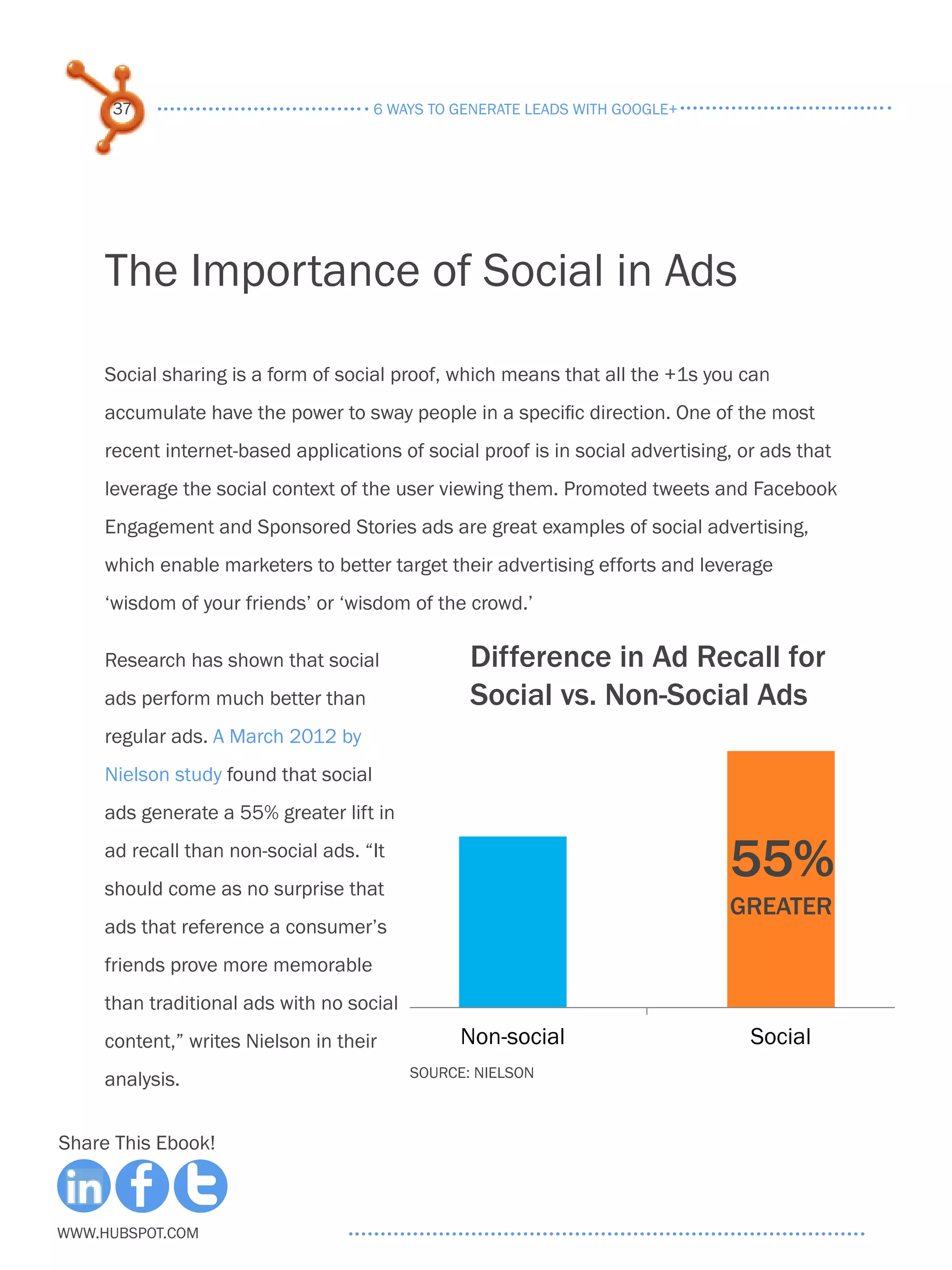 37                                6 ways to generate leads with google+




     The Importance of Social in Ads

     Social sharing is a form of social proof, which means that all the +1s you can
     accumulate have the power to sway people in a specific direction. One of the most
     recent internet-based applications of social proof is in social advertising, or ads that
     leverage the social context of the user viewing them. Promoted tweets and Facebook
     Engagement and Sponsored Stories ads are great examples of social advertising,
     which enable marketers to better target their advertising efforts and leverage
     ‘wisdom of your friends’ or ‘wisdom of the crowd.’

     Research has shown that social               Difference in Ad Recall for
     ads perform much better than                 Social vs. Non-Social Ads
     regular ads. A March 2012 by
     Nielson study found that social
     ads generate a 55% greater lift in
     ad recall than non-social ads. “It
     should come as no surprise that
                                                                                55%
                                                                                greater
     ads that reference a consumer’s
     friends prove more memorable
     than traditional ads with no social
     content,” writes Nielson in their           Non-social                        Social
     analysis.                             Source: Nielson



Share This Ebook!



www.Hubspot.com
 