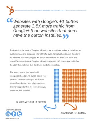 43                             6 ways to generate leads with google+




“         Websites with Google’s +1 button
          generate 3.5X more traffic from
          Google+ than websites that don’t

                                                                    ”
          have the button installed.


     To determine the value of Google’s +1 button, we at HubSpot looked at data from our
     customer base and compared referral traffic levels from plus.Google.com (Google+)
     for websites that have Google’s +1 button installed and for those that don’t. The
     result? Websites that use Google’s +1 button generated 3.5 times more traffic from
     Google+ than websites that don’t have the button installed.


     The lesson here is that you should
     incorporate Google’s +1 button across your
     website. The more traffic you are able to
     attract from Google+ and other channels,
     the more opportunities for conversions you
     create for your business.




            Shares without +1 Button


Share This Ebook!
                                                                   Shares with +1 Button

www.Hubspot.com
 
