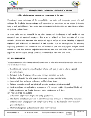 Information Sheet-
Developing mutual concern and camaraderie in the team
4.3 Developing mutual concern and camaraderie in the team
Commitment means acceptance of the responsibilities and duties and cooperation means help and
assistance. By developing team commitment and cooperation in a work team you are assisting the team to
meet its goals and objectives. Work teams that are committed and cooperative are more likely to achieve
the goals the business has set.
As team leader you are responsible for the direct support and development of each member of your
designated team of supported employees. This is to be achieved by direct supervision of all team
members, communication with other team leaders and support staff as well as the monitoring of supported
employees' goal achievement as documented in their appraisal. You are also responsible for addressing
day-to-day performance and behavioural issues of members of your team using agreed strategies. Should
members of your work team be temporarily transferred to duties with other work teams, you will remain
responsible for their support through continuous communication with other team leaders.
KEY RESPONSIBILITIES
Train and develop the skills of supported employees in order to achieve the potential productivity of the team
and its individual members.
1. Coordinate and oversee the work of members of your work team in order to achieve expected
production targets.
2. Participate in the development of supported employee appraisals and goals.
3. Facilitate and monitor the achievement of supported employee appraisal goals.
4. Address individual and group performance and behavioural issues.
5. Maintain production records and individual supported employee records as required.
6. Act in accordance with and maintain an awareness of all company policies, Occupational Health and
Safety requirements and Quality Assurance system requirements at all times.
KEY PERFORMANCE INDICATORS
1. Achievement of production targets and quality specifications.
2. The effective and efficient provision of support to supported employees as evidenced by maintenance
and improvement of employees' skill and productivity levels and the attainment of their identified
goals and objectives.
3. The level of employee goal achievement within your work team.
Medicallaboratory L-III HLT MLT3 TTLM 0919v1 Author/Copyright: FederalTVET Agency Version -1
Sept. 2019
Page 60 of 71
 