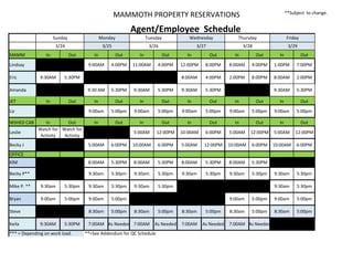 MAMMOTH	
  PROPERTY	
  RESERVATIONS

**Subject	
  	
  to	
  change.	
  

	
  Agent/Employee	
  	
  Schedule
Sunday

Monday

Tuesday

Wednesday

Thursday

Friday

3/24

3/25

3/26

3/27

3/28

3/29

MAMM

In

Out

In

Out

In

Out

In

Out

In

Out

In

Out

Lindsay

M

5:30pm

9:00AM

4:00PM

11:00AM

4:00PM

12:00PM

8:00PM

8:00AM

4:00PM

1:00PM

7:00PM

9:30AM

5:30PM

2:00PM

8:00PM

2:00PM

8:00PM

8:00AM

4:00PM

2:00PM

8:00PM

8:00AM

2:00PM

9:30	
  AM

5:30PM

9:30AM

5:30PM

9:30AM

5:30PM

9:30AM

5:30PM

9:30AM

5:30PM

In

Out

In

Out

In

Out

In

Out

In

Out

9:00am

5:00pm

9:00am

5:00pm

9:00am

5:00pm

9:00am

5:00pm

9:00am

5:00pm

In

Out

In

Out

In

Out

In

Out

In

Out

6:00AM

10:00AM

5:00AM

12:00PM

10:00AM

6:00PM

5:00AM

12:00PM

5:00AM

12:00PM

5:00AM

6:00PM

10:00AM

6:00PM

5:00AM

12:00PM

10:00AM

6:00PM

10:00AM

6:00PM

8:00AM

5:30PM

8:00AM

5:30PM

8:00AM

5:30PM

8:00AM

5:30PM

8:00AM

5:30PM

9:30am

5:30pm

9:30am

5:30pm

9:30am

5:30pm

Eric
Amanda
JET

In

Out

Liz
WSHED	
  CAB
Leslie

In
Out
Watch	
  for	
   Watch	
  for	
  
Activity
Activity

Becky	
  J
OFFICE
KIM
Becky	
  P**

9:30am

5:30pm

9:30am

5:30pm

9:30am

5:30pm

9:30am

5:30pm

Mike	
  P.	
  **

9:30am

5:30pm

9:30am

5:30pm

9:30am

5:30pm

9:30am

5:30pm

Bryan

9:00am

5:00pm

9:00am

5:00pm

9:00am

5:00pm

8:30am

5:00pm

8:30am

5:00pm

8:30am

5:00pm

As	
  Needed

7:00AM

As	
  Needed

Steve
Keila

9:30AM

5:30PM

***	
  =	
  Depending	
  on	
  work	
  load.	
  

7:00AM As	
  Needed 7:00AM

**=See	
  Addendum	
  for	
  QC	
  Schedule

9:00am

5:00pm

9:00am

5:00pm

8:30am

5:00pm

8:30am

5:00pm

7:00AM As	
  Needed As	
  Needed As	
  Needed

 