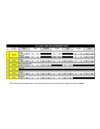 JET	
  LIVING	
  	
  NEW	
  LEAD	
  ASSIGNMENT	
  SHEET
Ext

252

January
Travel	
  Agent

Becky

Monday
6

Tuesday
7

Wednesday
8

Thursday
9

Friday
10

Saturday
11

Sunday
12

Bryson
1p
6p
Mammoth
11:30am 6:30pm

1p

6p

1p

6p

6p

4p

6p

4p

6a

4p

9a

3p

11a

6p

11a

6p

11:30am

6:30pm

11a

6p

6a

4p

9a

3p

Jetliving
9a

9a

7p

9a

7p

9a

7p

9a

7p

9a

7p

9a

7p

1p

5a

1p

5a

1p

5a

1p

9a

4p

9a

4p

9a

3p

9a

3p

223

Eileen

251

Lindsay

Bryson,	
  Mammoth,	
  Tahoe
5a
1p
5a

224

Naomi

Mammoth
9a

4p

101

Sandra

Jetliving
2a

10p

2a

10p

2a

10p

2a

10p

2a

10p

2a

10p

2a

10p

228

Erica

Mammoth
8a

5p

8a

5p

8a

5p

8a

5p

8a

5p

8a

5p

8a

5p

7p

**Note:	
  	
  Please	
  follow	
  this	
  lead	
  assignment	
  sheet.	
  	
  These	
  are	
  the	
  hours	
  your	
  phones	
  will	
  ring	
  for	
  new	
  leads	
  will	
  be	
  available	
  for	
  you	
  to	
  pick	
  up	
  in	
  Dashboard.	
  	
  

 
