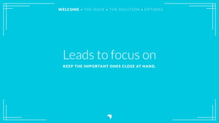 Leads to focus on
KEEP THE IMPORTANT ONES CLOSE AT HAND.
WELCOME • THE ISSUE • THE SOLUTION • OPTIONS
 