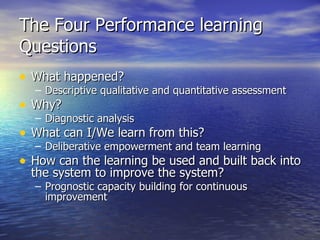 The Four Performance learning Questions What happened? Descriptive qualitative and quantitative assessment Why?  Diagnostic analysis What can I/We learn from this? Deliberative empowerment and team learning How can the learning be used and built back into the system to improve the system? Prognostic capacity building for continuous improvement 