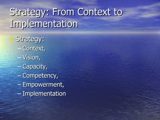 Strategy: From Context to Implementation Strategy:  Context,  Vision,  Capacity,  Competency,  Empowerment, Implementation 