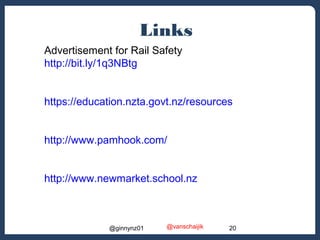 Links 
Advertisement for Rail Safety 
http://bit.ly/1q3NBtg 
https://education.nzta.govt.nz/resources 
http://www.pamhook.com/ 
http://www.newmarket.school.nz 
@vanschaijik 
@ginnynz01 20 
