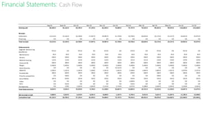 Financial Statements: Cash Flow
Colonne1 Aug-16 Sept-16 Oct-16 Nov-16 Dec-16 Jan-16 Feb-16 Mar-16 Apr-16 May-16 Jun-16 Jul-16
Starting cash 40,302 € 45,162 € 50,785 € 57,195 € 65,395 € 74,084 € 72,747 € 79,542 € 89,455 € 99,076 € 110,683 € 122,468 €
Receipts
Collections 13,514 € 15,165 € 16,768 € 17,947 € 19,987 € 21,730 € 19,796 € 20,644 € 22,174 € 23,157 € 24,832 € 25,973 €
Financing 0 € 0 € 0 € 0 € 0 € 0 € 0 € 0 € 0 € 0 € 0 € 0 €
Total receipts 13,514 € 15,165 € 16,768 € 17,947 € 19,987 € 21,730 € 19,796 € 20,644 € 22,174 € 23,157 € 24,832 € 25,973 €
Disbursements
Upgrade Outsourcing
(workforce)
972 € 0 € 972 € 0 € 972 € 0 € 972 € 0 € 972 € 0 € 972 € 0 €
Maintenance 95 € 95 € 95 € 95 € 95 € 95 € 95 € 95 € 95 € 95 € 95 € 95 €
Servers 300 € 300 € 300 € 300 € 300 € 300 € 300 € 300 € 300 € 300 € 300 € 300 €
Website hosting 114 € 114 € 123 € 123 € 132 € 132 € 141 € 141 € 150 € 150 € 159 € 159 €
Financial OS 280 € 280 € 280 € 280 € 280 € 280 € 280 € 280 € 280 € 280 € 280 € 280 €
Wages 5,400 € 5,400 € 5,400 € 5,400 € 5,400 € 5,400 € 5,400 € 5,400 € 5,400 € 5,400 € 5,400 € 5,400 €
Social Security 0 € 0 € 0 € 0 € 0 € 12,231 € 0 € 0 € 0 € 0 € 0 € 0 €
Adwords 1,026 € 1,101 € 1,182 € 1,268 € 1,361 € 1,461 € 1,568 € 1,682 € 1,805 € 1,937 € 2,079 € 2,231 €
Facebok Ads 280 € 600 € 280 € 280 € 280 € 280 € 600 € 280 € 280 € 280 € 280 € 280 €
Prize for competition 0 € 500 € 0 € 0 € 0 € 0 € 0 € 0 € 500 € 0 € 0 € 0 €
Social Media 187 € 450 € 165 € 165 € 165 € 165 € 450 € 165 € 165 € 165 € 165 € 165 €
Video 0 € 0 € 0 € 0 € 0 € 0 € 1,000 € 0 € 0 € 0 € 0 € 0 €
Fairs 0 € 524 € 0 € 0 € 0 € 0 € 524 € 0 € 0 € 0 € 0 € 0 €
Tax Expenses 0 € 178 € 1,562 € 1,835 € 2,313 € 2,724 € 1,672 € 2,388 € 2,605 € 2,943 € 3,318 € 3,565 €
Total Disbursements 8,654 € 9,542 € 10,359 € 9,746 € 11,298 € 23,067 € 13,002 € 10,731 € 12,553 € 11,550 € 13,047 € 12,475 €
Net Increase in Cash 4,860 € 5,623 € 6,410 € 8,201 € 8,689 € -1,337 € 6,795 € 9,914 € 9,621 € 11,607 € 11,785 € 13,498 €
Cumulative Cash 45,162 € 50,785 € 57,195 € 65,395 € 74,084 € 72,747 € 79,542 € 89,455 € 99,076 € 110,683 € 122,468 € 135,966 €
 