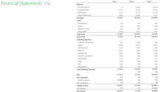 Financial Statements: P&L
Year 1 Year 2 Year 3
Revenue
Premium version 0 28.044 80.779
Universities fees 35.200 81.600 129.600
Advertising 4.336 40.327 103.501
(Value Added Tax) -9.093 -34.493 -72.192
Net Sales 30.443 € 115.478 € 241.688 €
CoGS
Maintenance 540 780 1.140
Servers 240 1.320 3.600
Website hosting 527 1.097 1.636
Depreciation 13.976 15.542 17.162
Total CoGS 15.284 € 18.739 € 23.538 €
Gross Profit 15.159 € 96.739 € 218.149 €
Operating Expenses
Financial Outsourcing 1.017 2.400 3.360
Wages 18.000 39.500 64.800
Social Security 4.275 9.381 15.390
Adwords 19.056 11.835 18.702
Facebok Ads 4.000 4.000 4.000
Prize for competition 1.000 1.000 1.000
Social Media 2.572 2.572 2.572
Video 1.500 1.000 1.000
Fairs 1.048 1.048 1.048
Depreciation 288 288 288
Total Operating Expenses 52.756 € 73.024 € 112.160 €
0 € 0 €
EBIT -37.597 € 23.714 € 105.989 €
Non-operating 0 € 0 € 0 €
IAPMEI Subsidies 8.300 € 0 € 0 €
Interest expense 0 € 0 € 0 €
Taxable Income -29.297 € 23.714 € 105.989 €
Tax Expense 0 € 0 € 25.102 €
Net Income -29.297 € 23.714 € 80.888 €
 
