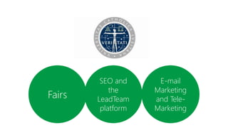Fairs
SEO and
the
LeadTeam
platform
E-mail
Marketing
and Tele-
Marketing
 