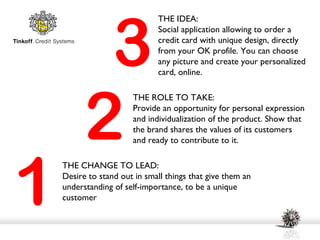 3
                              THE IDEA:
                              Social application allowing to order a
                              credit card with unique design, directly
                              from your OK profile. You can choose
                              any picture and create your personalized
                              card, online.




          2
                       THE ROLE TO TAKE:
                       Provide an opportunity for personal expression
                       and individualization of the product. Show that
                                                     ​
                       the brand shares the values of its customers
                       and ready to contribute to it.




1
    THE CHANGE TO LEAD:
    Desire to stand out in small things that give them an
    understanding of self-importance, to be a unique
    customer
 