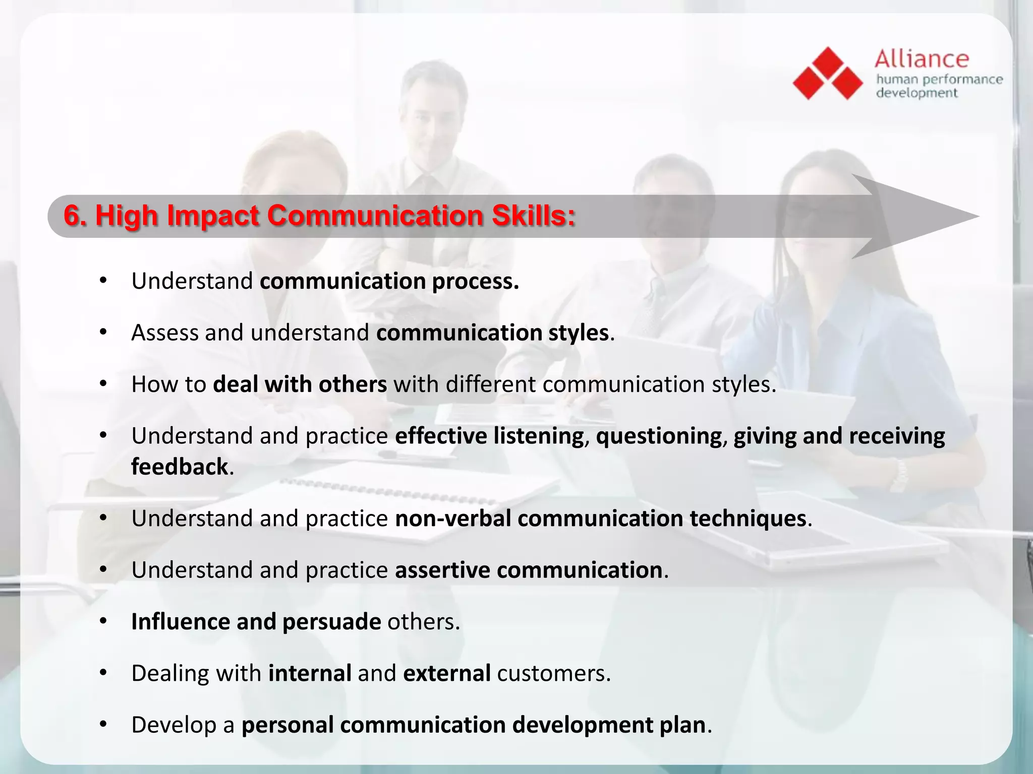 6. High Impact Communication Skills:

  • Understand communication process.
  • Assess and understand communication styles.

  • How to deal with others with different communication styles.

  • Understand and practice effective listening, questioning, giving and receiving
    feedback.

  • Understand and practice non-verbal communication techniques.

  • Understand and practice assertive communication.

  • Influence and persuade others.
  • Dealing with internal and external customers.

  • Develop a personal communication development plan.
 