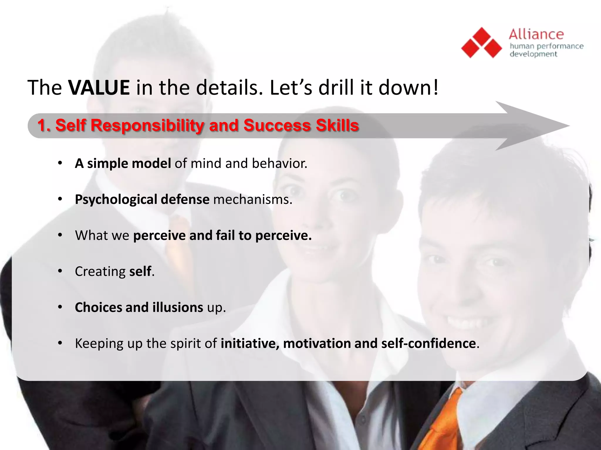 The VALUE in the details. Let’s drill it down!
 1. Self Responsibility and Success Skills

   • A simple model of mind and behavior.

   • Psychological defense mechanisms.

   • What we perceive and fail to perceive.

   • Creating self.

   • Choices and illusions up.

   • Keeping up the spirit of initiative, motivation and self-confidence.
 