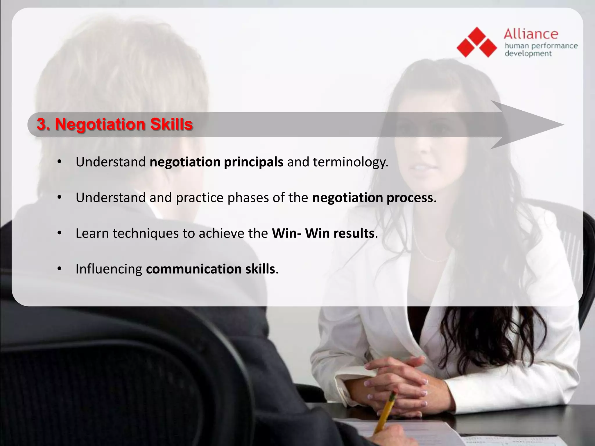 3. Negotiation Skills

  • Understand negotiation principals and terminology.

  • Understand and practice phases of the negotiation process.

  • Learn techniques to achieve the Win- Win results.

  • Influencing communication skills.
 