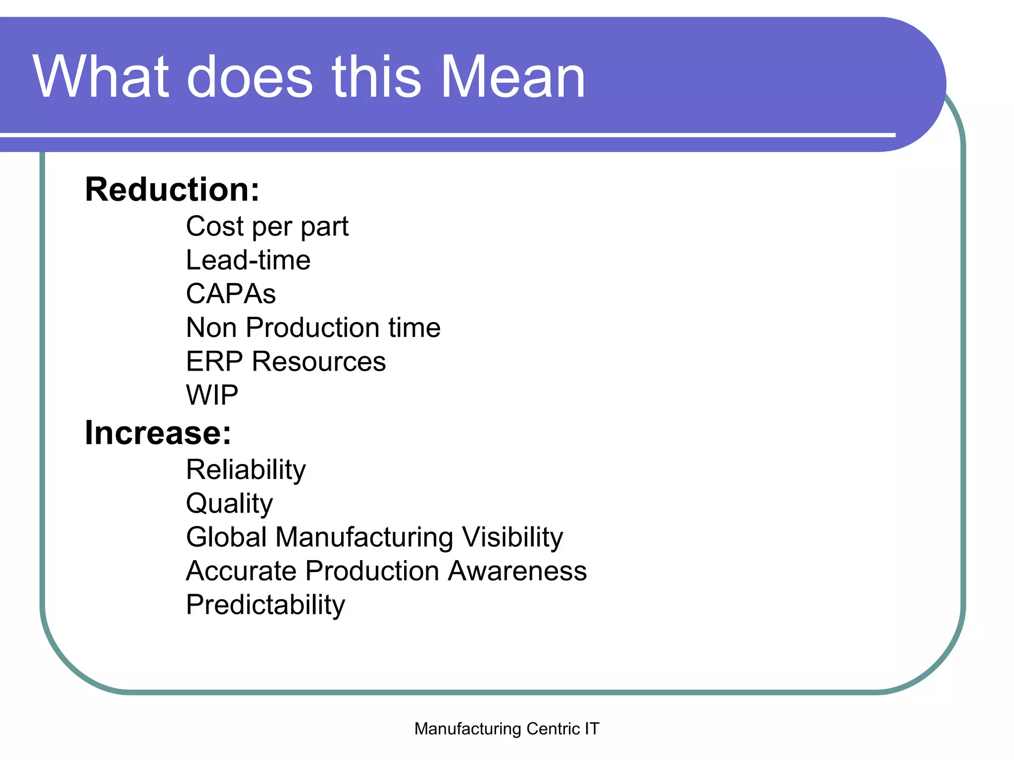What does this Mean Reduction: Cost per part Lead-time CAPAs Non Production time ERP Resources WIP Increase: Reliability Quality Global Manufacturing Visibility Accurate Production Awareness Predictability 