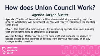 • Agenda – The list of items which will be discussed during a meeting, and the
order in which they will be brought up. You will receive this before the meeting
takes place
• Chair – The Chair of a meeting leads by introducing agenda points and ensuring
that the meeting runs as efficiently as possible
• Matters Arising – Matters arising gives both staff and students the chance to
update others on the progress of actions from previous meetings, or on any
changes to the situation
 