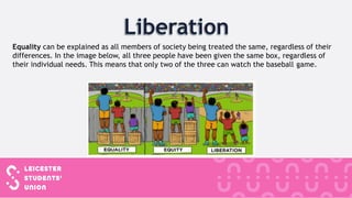 Equality can be explained as all members of society being treated the same, regardless of their
differences. In the image below, all three people have been given the same box, regardless of
their individual needs. This means that only two of the three can watch the baseball game.
 