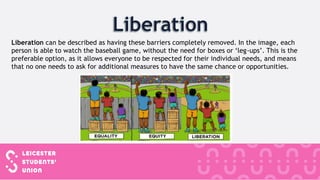 Liberation can be described as having these barriers completely removed. In the image, each
person is able to watch the baseball game, without the need for boxes or ‘leg-ups’. This is the
preferable option, as it allows everyone to be respected for their individual needs, and means
that no one needs to ask for additional measures to have the same chance or opportunities.
 