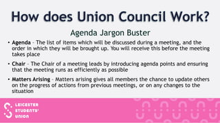 • Agenda – The list of items which will be discussed during a meeting, and the
order in which they will be brought up. You will receive this before the meeting
takes place
• Chair – The Chair of a meeting leads by introducing agenda points and ensuring
that the meeting runs as efficiently as possible
• Matters Arising – Matters arising gives all members the chance to update others
on the progress of actions from previous meetings, or on any changes to the
situation
 