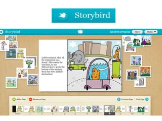 • Artful story telling
• Choose some images from their collection and
  then write your story and create a book
• Free
• Create class logins from your account
• http://storybird.com
 