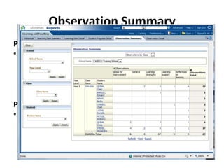 Observation Summary
Purpose
• The Observation Summary report displays, for each of
  the Teachers classes, the number of Observations
  recorded against each student. These Observations are
  recorded against 5 key categories and include
  Observations recorded by Teachers, Parents and the
  Student.
Potential Scenarios
• By clicking on any of the hyperlinked numbers the
  Observation Detail report will be displayed with an
  itemised view of that Observation Category for that
  particular student.
 