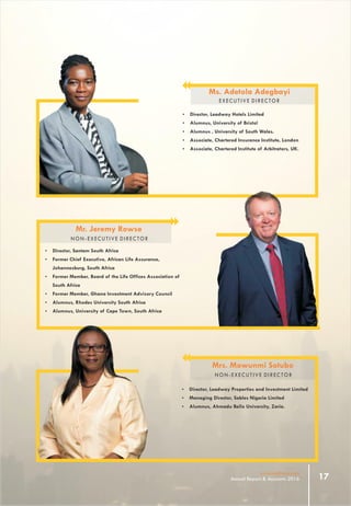 17www.leadway.com
Annual Report & Accounts 2016
Ms. Adetola Adegbayi
EXECUTIVE DIRECTOR
Mrs. Mowunmi Sotubo
NON-EXECUTIVE DIRECTOR
Ÿ Director, Leadway Hotels Limited
Ÿ Alumnus, University of Bristol
Ÿ Alumnus , University of South Wales.
Ÿ Associate, Chartered Insurance Institute, London
Ÿ Associate, Chartered Institute of Arbitrators, UK.
Ÿ Director, Santam South Africa
Ÿ Former Chief Executive, African Life Assurance,
Johannesburg, South Africa
Ÿ Former Member, Board of the Life Offices Association of
South Africa
Ÿ Former Member, Ghana Investment Advisory Council
Ÿ Alumnus, Rhodes University South Africa
Ÿ Alumnus, University of Cape Town, South Africa
Ÿ Director, Leadway Properties and Investment Limited
Ÿ Managing Director, Sables Nigeria Limited
Ÿ Alumnus, Ahmadu Bello University, Zaria.
Mr. Jeremy Rowse
NON-EXECUTIVE DIRECTOR
 