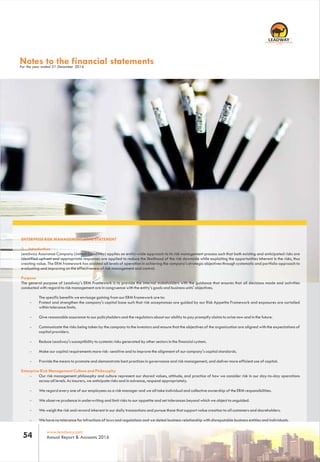 www.leadway.com
Annual Report & Accounts 201654
RC 7588
Notes to the financial statementsFor the year ended 31 December 2016
ENTERPRISE RISK MANAGEMENT (ERM) STATEMENT
3 . Introduction
Leadway Assurance Company Limited (Leadway) applies an entity-wide approach to its risk management process such that both existing and anticipated risks are
identified upfront and appropriate responses are applied to reduce the likelihood of the risk downside while exploiting the opportunities inherent in the risks, thus
creating value. The ERM framework has assisted all levels of operation in achieving the company's strategic objectives through systematic and portfolio approach to
evaluating and improving on the effectiveness of risk management and control.
Purpose
The general purpose of Leadway's ERM Framework is to provide the internal stakeholders with the guidance that ensures that all decisions made and activities
conducted with regard to risk management are in congruence with the entity's goals and business units' objectives.
The specific benefits we envisage gaining from our ERM framework are to:
- Protect and strengthen the company's capital base such that risk acceptances are guided by our Risk Appetite Framework and exposures are curtailed
within tolerance limits.
- Give reasonable assurance to our policyholders and the regulators about our ability to pay promptly claims to arise now and in the future.
- Communicate the risks being taken by the company to the investors and ensure that the objectives of the organization are aligned with the expectations of
capital providers.
- Reduce Leadway's susceptibility to systemic risks generated by other sectors in the financial system.
- Make our capital requirements more risk- sensitive and to improve the alignment of our company's capital standards.
- Provide the means to promote and demonstrate best practices in governance and risk management, and deliver more efficient use of capital.
Enterprise Risk Management Culture and Philosophy
- Our risk management philosophy and culture represent our shared values, attitude, and practice of how we consider risk in our day-to-day operations
across all levels. As insurers, we anticipate risks and in advance, respond appropriately.
- We regard every one of our employees as a risk manager and we all take individual and collective ownership of the ERM responsibilities.
- We observe prudence in underwriting and limit risks to our appetite and set tolerances beyond which we object to unguided.
- We weigh the risk and reward inherent in our daily transactions and pursue those that support value creation to all customers and shareholders.
- We have no tolerance for infractions of laws and regulations and we detest business relationship with disreputable business entities and individuals.
 