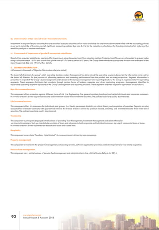www.leadway.com
Annual Report & Accounts 201692
RC 7588
(b) Determination of fair value of level 3 financial instruments.
Investments in unquoted equity securities that are classified as equity securities at fair value available for sale financial instrument in line with the accounting policies
as set out in note 2.6e of the statement of significant accounting policies. See note 3.41a for the valuation methodology for the determining the fair value and the
sensitivity analysis of unobservable input
(c) Assessment of impairment of goodwill on acquired subsidiaries
Goodwill on acquired subsidiaries was tested for impairment using discounted cash flow valuation method. Projected cash flows were discounted to present value
using a discount rate of 16.8% and a cash flow growth rate of 18% over a period of 5 years. The Group determined the appropriate discount rate at the end of the
reporting period. See note 17 for further details.
5. SEGMENT INFORMATION
(All amounts in thousands of Nigerian Naira unless otherwise stated)
The board of directors is the group's chief operating decision-maker. Management has determined the operating segments based on the information reviewed by
the board of directors for the purpose of allocating resources and assessing performance from the product and services perspective. Segment information is
presented in respect of the Group's business segments and is based on the Group's management and reporting structure. The Group is organized into five operating
segments. These segments distribute their products through various forms of brokers, agencies and direct marketing programs. Management identifies its
reportable operating segments by based on the Group's management and reporting structure. These segments and their respective operations are as follows:
Non life insurance business
This component offers protection against different forms of risk (i.e. Engineering, fire, general accident, bond and marine) to individuals and corporate customers.
Its revenue stream is driven by premium income and investment income from investment securities. The policies issued are usually short tenored.
Life insurance business
This component offers life assurance for individuals and groups (i.e. Death, permanent disability or critical illness), and acquisition of annuities. Deposits are also
accepted for investment contracts with guaranteed interest. Its revenue stream is driven by premium income, annuities, and investment income from invest men I
securities. The policies issued are usually long tenored.
Trusteeship
This component is principally engaged in the business of providing Trust Management, Investment Management and related financial
services to its customers. Such services include provision of loans and advances to both corporate and individual customers by way of commercial loans or lease.
Its revenue stream is driven by interest on deposits and loans and trustee fees.
Hospitality
This component owns a hotel "Leadway Hotel Limited". Its revenue stream is driven by room occupancy.
Property management
This component is involved in the property management, outsourcing services, software application provision, hotel development and real estate acquisition.
Pension fund management
This component carry on the business of pension fund management and administration in line with the Pension Reform Act 2014.
 
