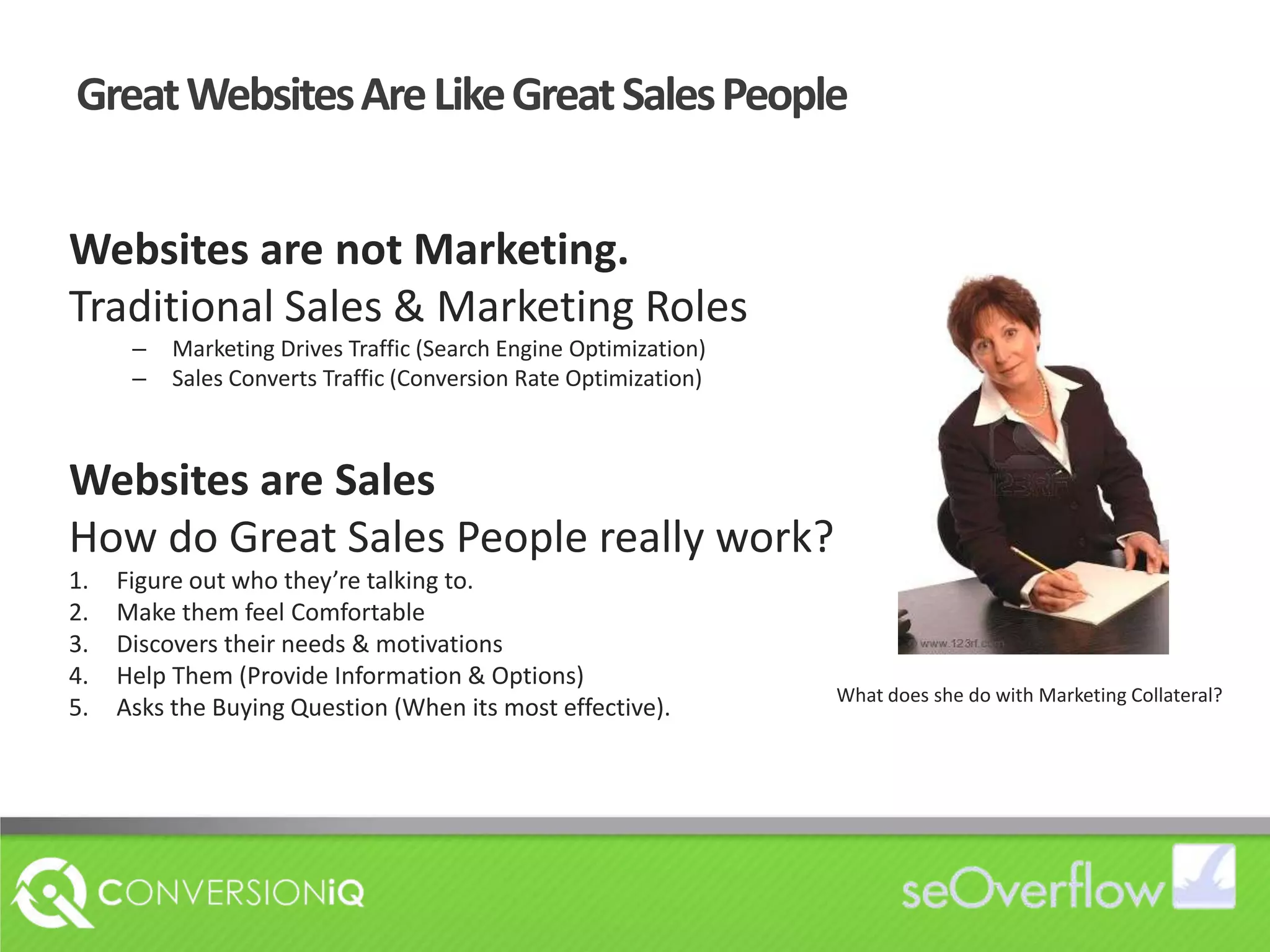 Great Websites Are Like Great Sales PeopleWebsites are not Marketing.Traditional Sales & Marketing RolesMarketing Drives Traffic (Search Engine Optimization)Sales Converts Traffic (Conversion Rate Optimization)Websites are SalesHow do Great Sales People really work?Figure out who they’re talking to.Make them feel ComfortableDiscovers their needs & motivationsHelp Them (Provide Information & Options)Asks the Buying Question (When its most effective).What does she do with Marketing Collateral?