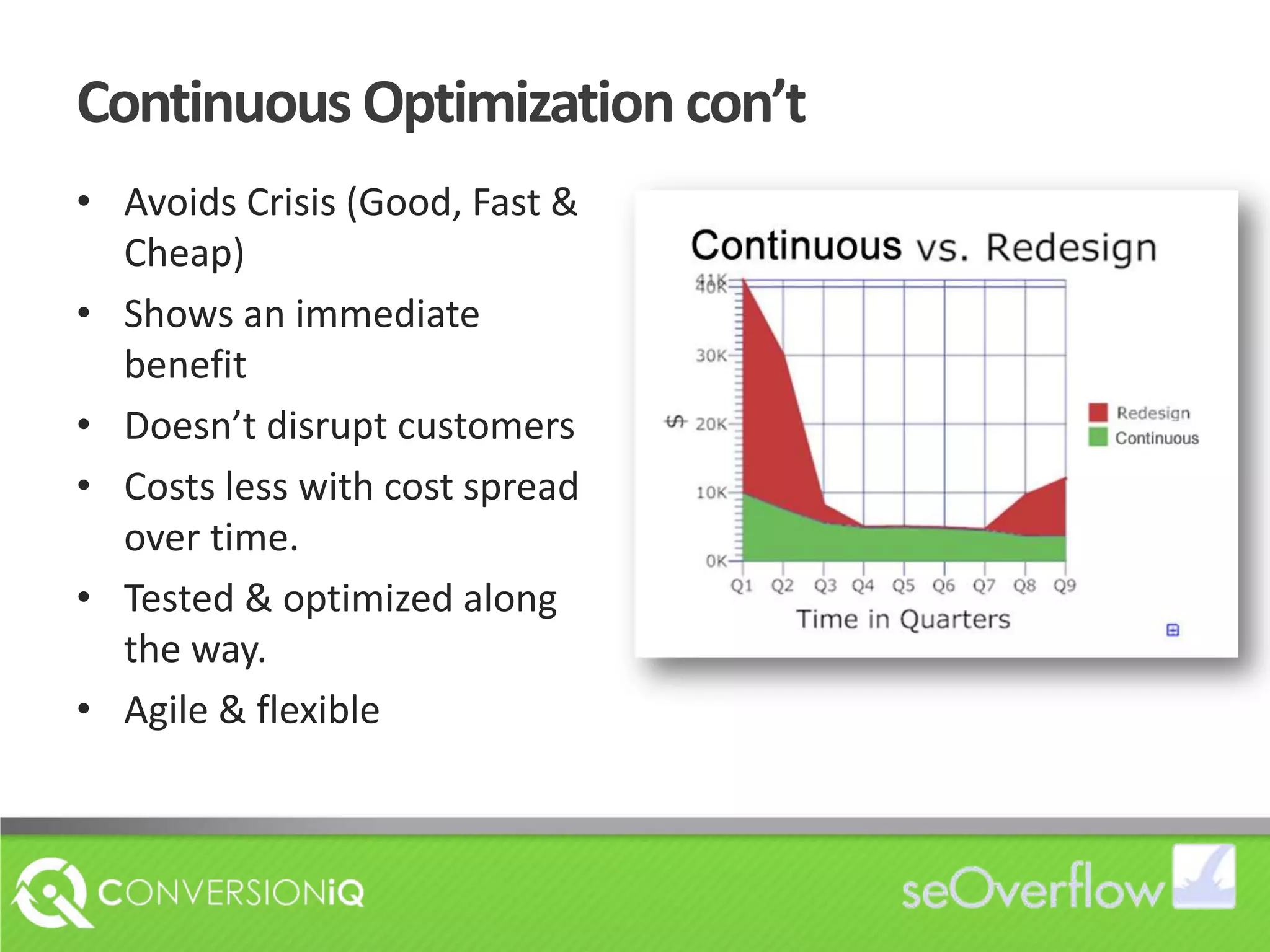 Continuous Optimization con’t Avoids Crisis (Good, Fast & Cheap)Shows an immediate benefitDoesn’t disrupt customers Costs less with cost spread over time.Tested & optimized along the way.Agile & flexible