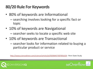 80/20 Rule For Keywords80% of keywords are Informationalsearching involves looking for a specific fact or topic10% of keywords are Navigationalsearcher seeks to locate a specific web site10% of keywords are Transactionalsearcher looks for information related to buying a particular product or servicehttp://www.sciencedirect.com/science/article/pii/S030645730700163X - Penn State Study