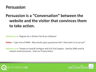 PersuasionPersuasion is a “Conversation” between the website and the visitor that convinces them to take action.Website.com– “Register for a 30-Day Trial of our Software”Visitor – “I get a lot of SPAM.  Why should I give up personal info?  How hard is it to set up?”Website.com– “Simple to Install & Configure with Full Trial Support.  Used by 2000 small & medium sized businesses.  View our Privacy Policy”.