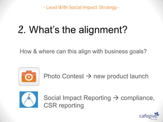 How & where can this align with business goals? 
Photo Contest  new product launch 
Social Impact Reporting  compliance, 
CSR reporting 
 