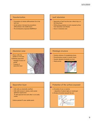 3/21/2010




  Vascularization                                       Leaf abscission
    Procambium of midvein differentiates first in the     Separation of leaf from the stem without injury to
    leaf axis                                             the living tissues
    As the lamina is formed, the procambium               While giving protection to newly exposed surface
    differentiates in the middle layers
                                   y                      from dessication and infection
    The development progresses BASIPETALLY                Occurs in abscission zone




  Abscission zone                                       Histologic structure
   Occurs within the                                      Contains minimum of strengthening tissues
   petiole or at its base                                 Parenchymatous except in vascular tissues
Facilitating separation                                   Vascular elements (tracheids) are short
a.  Histologic structure of
            g                                             Weak
                                                          W k portion
                                                                    ti
    petiole
b.  Presence of
    separation layer




  Separation layer                                      Protection of the surface exposed
    Cell walls are chemically modified                  a. Formation of scar or cicatrice
    Cell walls increase in volume, swell, assume          - deposition of suberin, lignin, or wound gum
    gelatinous appearance                               b. Periderm formation beneath the scar
       cells separate from each other or are easily
    broken

  Calcium pectate      water soluble pectin




                                                                                                                      9
 