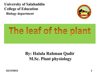University of Salahaddin
College of Education
Biology department

By: Halala Rahman Qadir
M.Sc. Plant physiology
12/17/2013

1

 