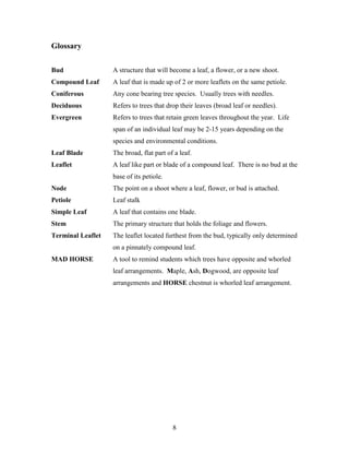 8
Glossary
Bud A structure that will become a leaf, a flower, or a new shoot.
Compound Leaf A leaf that is made up of 2 or more leaflets on the same petiole.
Coniferous Any cone bearing tree species. Usually trees with needles.
Deciduous Refers to trees that drop their leaves (broad leaf or needles).
Evergreen Refers to trees that retain green leaves throughout the year. Life
span of an individual leaf may be 2-15 years depending on the
species and environmental conditions.
Leaf Blade The broad, flat part of a leaf.
Leaflet A leaf like part or blade of a compound leaf. There is no bud at the
base of its petiole.
Node The point on a shoot where a leaf, flower, or bud is attached.
Petiole Leaf stalk
Simple Leaf A leaf that contains one blade.
Stem The primary structure that holds the foliage and flowers.
Terminal Leaflet The leaflet located furthest from the bud, typically only determined
on a pinnately compound leaf.
MAD HORSE A tool to remind students which trees have opposite and whorled
leaf arrangements. Maple, Ash, Dogwood, are opposite leaf
arrangements and HORSE chestnut is whorled leaf arrangement.
 