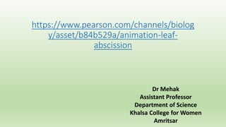 https://www.pearson.com/channels/biolog
y/asset/b84b529a/animation-leaf-
abscission
Dr Mehak
Assistant Professor
Department of Science
Khalsa College for Women
Amritsar
 