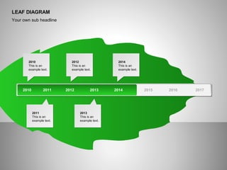 LEAF DIAGRAM
Your own sub headline
2010
This is an
example text.
2010 2011 2012 2013 2014 2015 2016 2017
2012
This is an
example text.
2014
This is an
example text.
2011
This is an
example text.
2013
This is an
example text.
 
