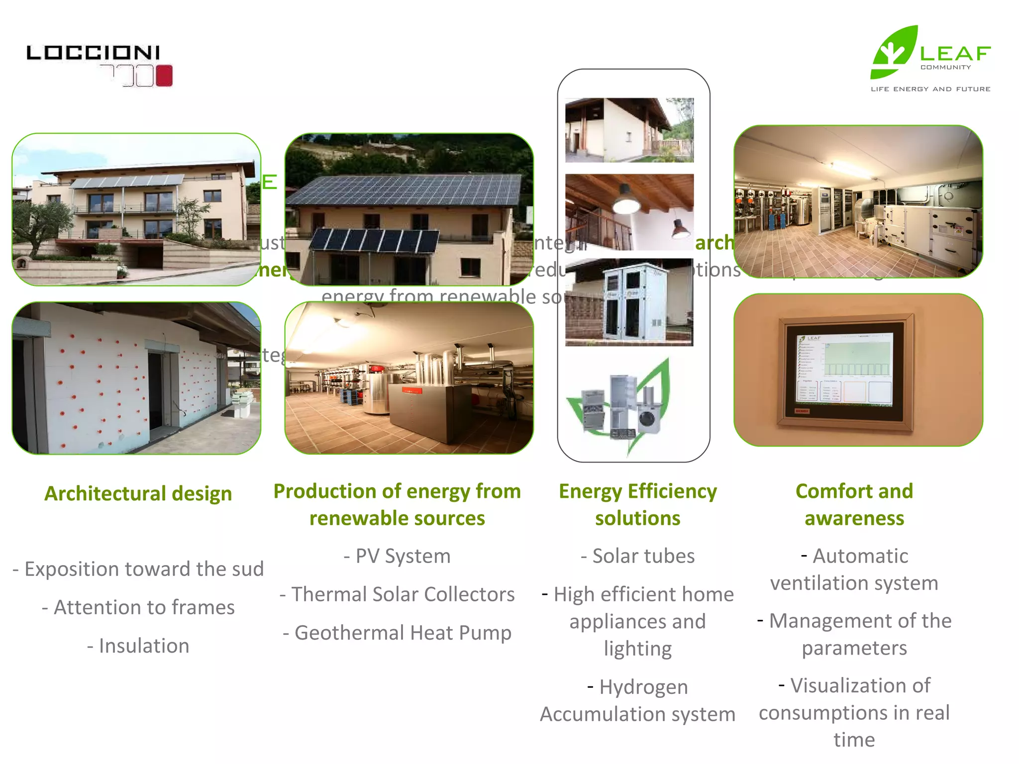 A new concept of sustainable buildings sees the integration of the  architectura l and  systems design  with  energy technologies  aimed at reducing consumptions and  producing energy from renewable sources. The LEAF House is an integration of: Architectural design - Exposition toward the sud - Attention to frames - Insulation Production of energy from renewable sources - PV System - Thermal Solar Collectors - Geothermal Heat Pump Energy Efficiency solutions - Solar tubes High efficient home appliances and lighting Hydrogen Accumulation system Comfort and awareness Automatic ventilation system Management of the parameters Visualization of consumptions in real time 