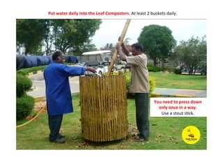 Put	
  water	
  daily	
  into	
  the	
  Leaf	
  Composters.	
  At	
  least	
  2	
  buckets	
  daily.	
  	
  
You	
  need	
  to	
  press	
  down	
  
only	
  once	
  in	
  a	
  way.	
  	
  
Use	
  a	
  stout	
  sPck.	
  	
  
 