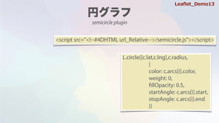 semicircle plugin
<script src=/slideshow/leaflet-64146985/64146985/"<!-- url_Relative-->/semicircle.js"></script>
L.circle([c.lat,c.lng],c.radius,
{
color: c.arcs[i].color,
weight: 0,
fillOpacity: 0.5,
startAngle: c.arcs[i].start,
stopAngle: c.arcs[i].end
})
Lea?et_Demo13
 