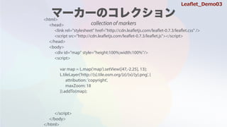 <html>
<head>
<link rel="stylesheet" href="http://cdn.leafletjs.com/leaflet-0.7.3/leaflet.css" />
<script src=/slideshow/leaflet-64146985/64146985/"http:/cdn.leafletjs.com/leaflet-0.7.3/leaflet.js"></script>
</head>
<body>
<div id="map" style="height:100%;width:100%"/>
<script>
var map = L.map('map').setView([47,-2.25], 13);
L.tileLayer('http://{s}.tile.osm.org/{z}/{x}/{y}.png', {
attribution: 'copyright',
maxZoom: 18
}).addTo(map);
</script>
</body>
</html>
Lea?et_Demo03
collection of markers
 