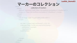 <html>
<head>
<link rel="stylesheet" href="http://cdn.leafletjs.com/leaflet-0.7.3/leaflet.css" />
<script src=/slideshow/leaflet-64146985/64146985/"http:/cdn.leafletjs.com/leaflet-0.7.3/leaflet.js"></script>
</head>
<body>
<div id="map" style="height:100%;width:100%"/>
<script>
var map = L.map('map').setView([47,-2.25], 13);
L.tileLayer('http://{s}.tile.osm.org/{z}/{x}/{y}.png', {
attribution: 'copyright',
maxZoom: 18
}).addTo(map);
</script>
</body>
</html>
Lea?et_Demo03
collection of markers
 