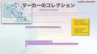 <html>
<head>
<link rel="stylesheet" href="http://cdn.leafletjs.com/leaflet-0.7.3/leaflet.css" />
<script src=/slideshow/leaflet-64146985/64146985/"http:/cdn.leafletjs.com/leaflet-0.7.3/leaflet.js"></script>
</head>
<body>
<div id="map" style="height:100%;width:100%"/>
<script>
var map = L.map('map').setView([47,-2.25], 13);
L.tileLayer('http://{s}.tile.osm.org/{z}/{x}/{y}.png', {
attribution: 'copyright',
maxZoom: 18
}).addTo(map);
</script>
</body>
</html>
var airports = <!--#4DHTML airports_json-->;
for (var i=0;i<airports.length;i++){
L.marker([airports[i].Latitude,airports[i].Longitude]).addTo(map);
};
 {
"IATA_AirportCode": "AUR",
"Location": "Aurillac",
"Latitude": 44.883333333333,
"Longitude": 2.4166666666667
},
{
"IATA_AirportCode": "AUF",
"Location": "Branches",
"Latitude": 47.85,
"Longitude": 3.4833333333333
} 
Lea?et_Demo03
collection of markers
 