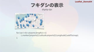 for (var i=0;i<airports.length;i++){
L.marker([airports[i].Latitude,airports[i].Longitude]).addTo(map);
};
Lea?et_Demo04
display tips
for (var i=0;i<airports.length;i++){
L.marker([airports[i].Latitude,airports[i].Longitude])
.addTo(map);
};
 